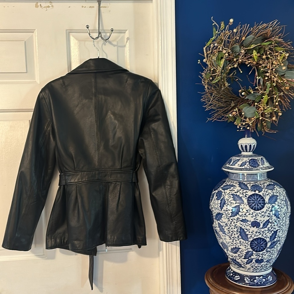 Women’s Winlit New York Black Genuine Leather Belted Jacket Coat Size Small - Picture 7 of 9